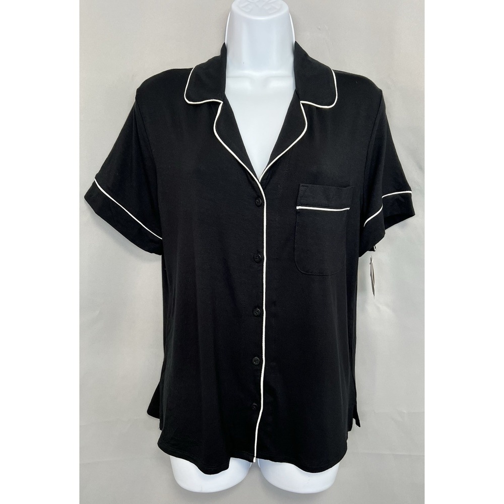 NWT Women's Auden Medium Black Button Up Short Sleeve Collared Pajama Top